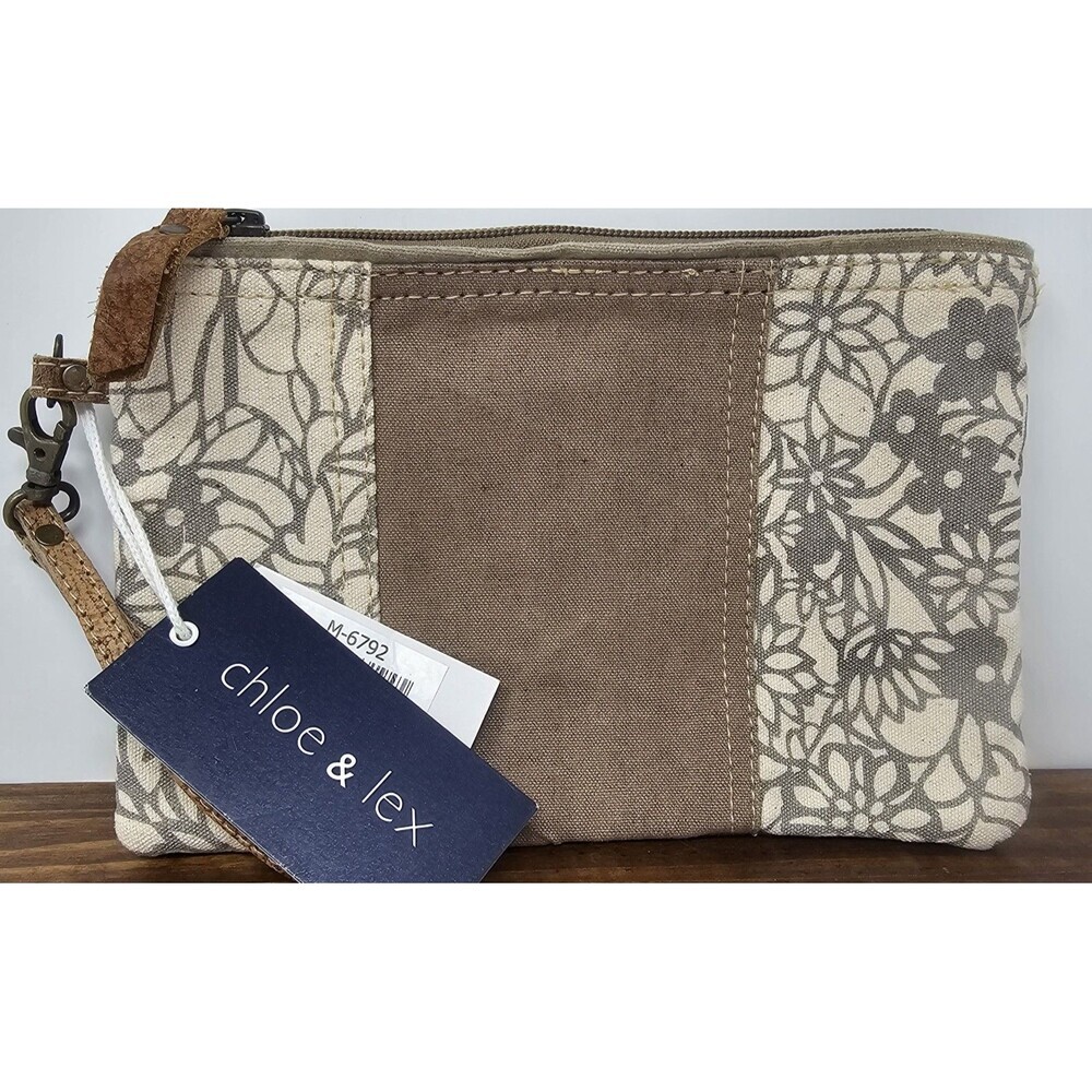 Chloe & Lex Canvas Leather Wristlet Pouch Purse Flower Boho Hippie Zip NWT 9"x6"